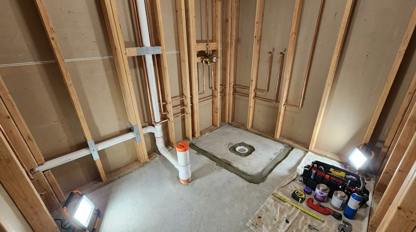 Bathroom rough-in plumbing during remodel by Johns Plumbing LLC in Brandenburg