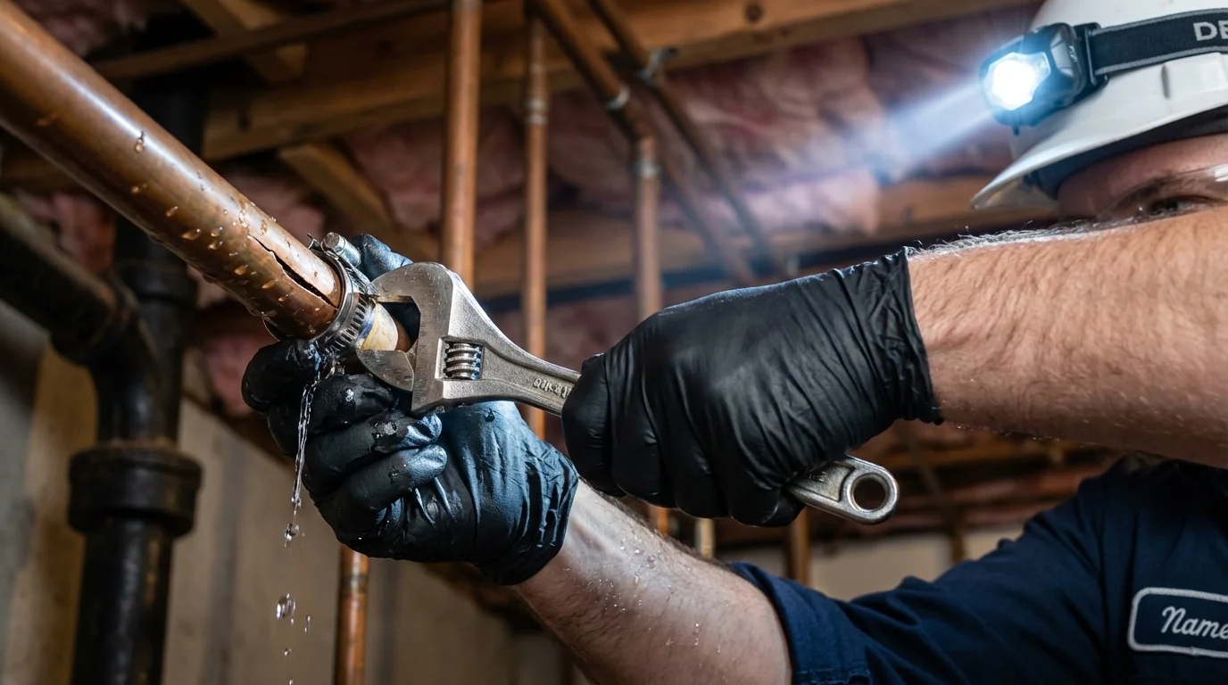 Emergency pipe clamp repair being performed by a Johns Plumbing LLC plumber in Brandenburg