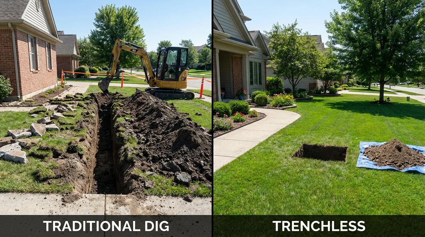 Trenchless sewer repair with minimal yard damage versus traditional excavation in Brandenburg, KY