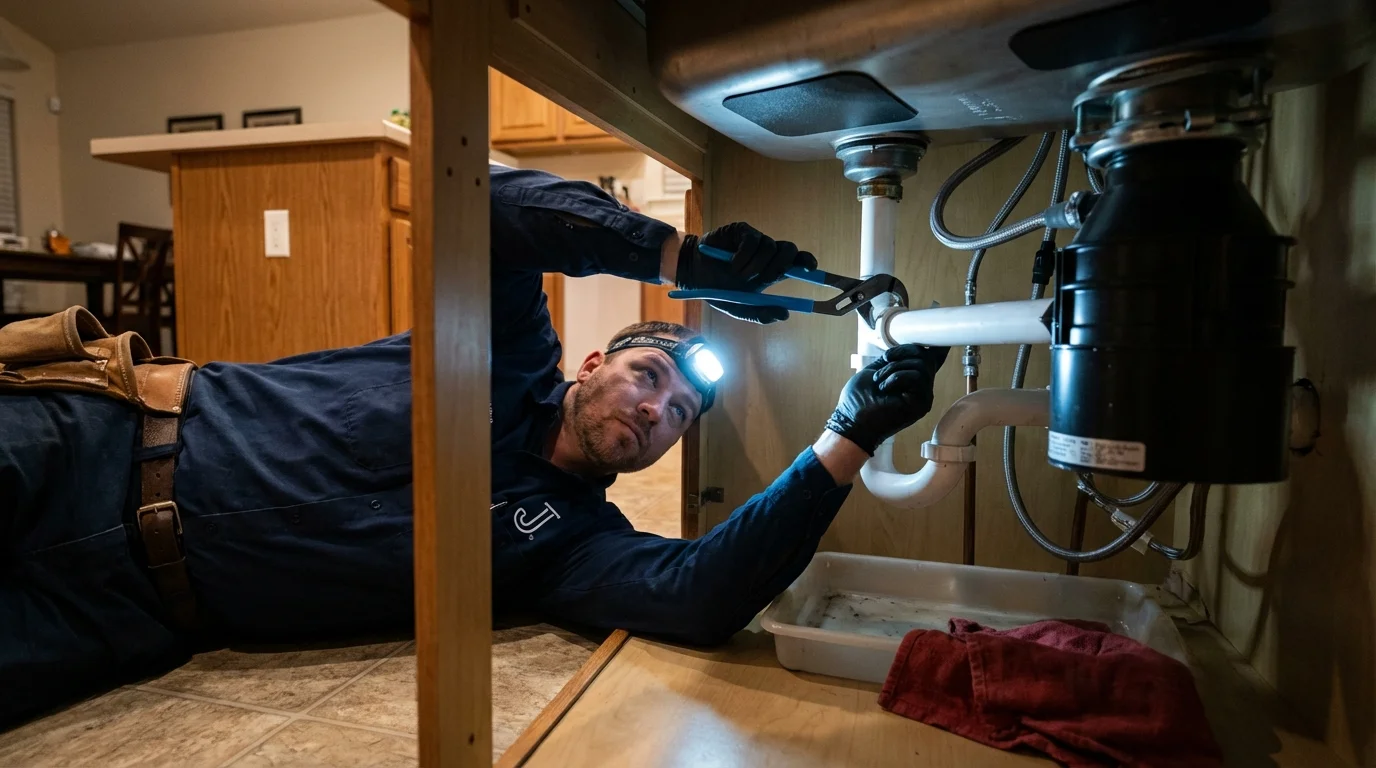 P-trap and supply line connections under a kitchen sink showing a common leak point in Brandenburg, KY